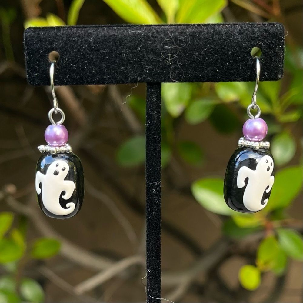New Hand Painted Ghost Charm Black and Purple Dangle Halloween Earrings